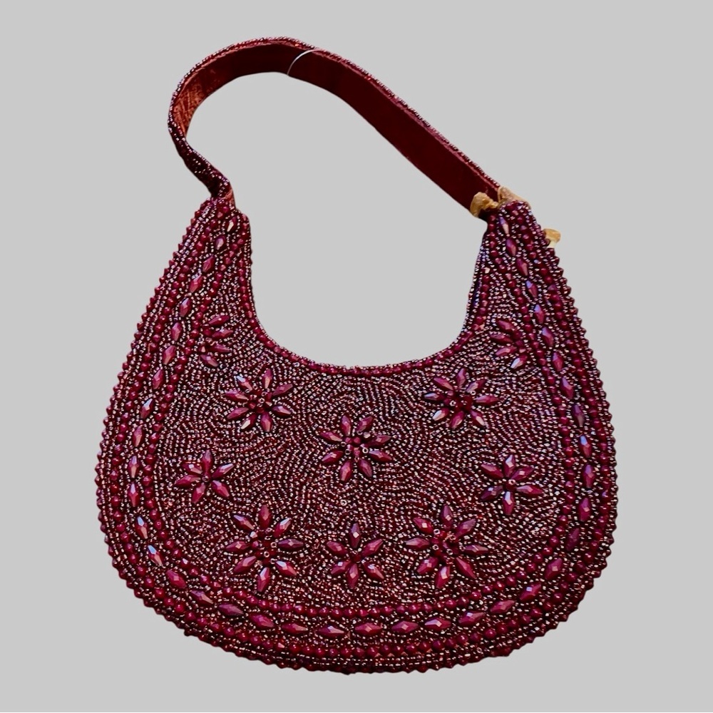 From You to India Hand Beaded Flower Purse, Solid Burgundy, Floral Design. - Picture 7 of 7